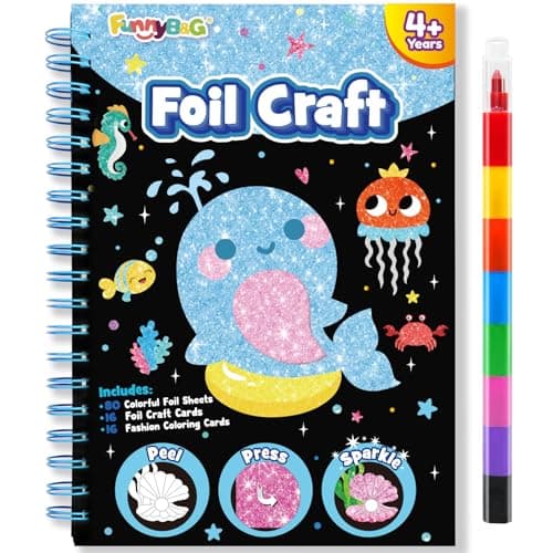 FUNNYB&G Foil Art Craft Kit for Girls 4-10 Years Old: Mess-Free & No-Glue, Create 16 Sparkly Ocean Pictures – Perfect Travel Toy & Birthday Gift for Kids (Ocean) - Image 1