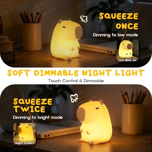 UNEEDE Cute Capybara Night Light, Novelty Animal Silicone Nursery Night Light Rechargeable Table Bedside Lamp with Touch Sensor for Bedroom Living Room Squishy Capybara Stuff Boys Girls Gifts - Thumbnail 3