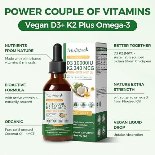2 Pack Organic Vitamin D3 K2 Liquid 10000 IU w/ Vegan Omega-3 & Coconut MCT Oil - Maximum Strength Vitamin D Supplement, No Fillers, Non-GMO K2 as MK7 for Bones, Muscles & High Absorption-2 Fl Oz - Thumbnail 3