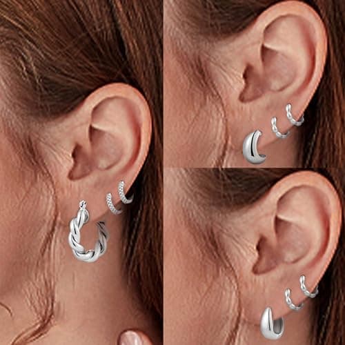 HILXURY 6 Pairs Gold Hoop Earrings for Women, 14K Gold Plated Chunky Huggie Hoop Earrings Set Hypoallergenic, Lightweight Twisted Open Hoops Jewelry for Christmas/Birthday Gifts. (Silver) - Thumbnail 3