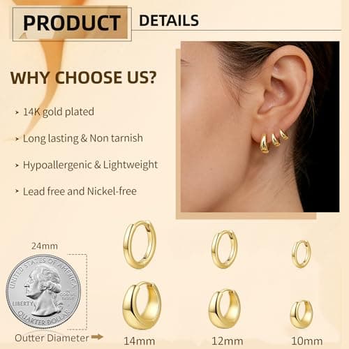 ALLHOLA 6 Pairs 14K Gold Plated Hoop Earrings for Women Hypoallergenic Small Huggie Hoops Earring Set for Sensitive Ears Non Tarnish Trendy Chunky Gold/Silver Earrings Cartilage Stacks for Multiple Piercing Jewelry Lightweight (Gold hoops) - Thumbnail 6
