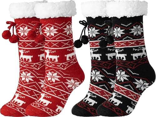 BenSorts Womens Slipper Socks Warm Lining Soft Cozy Fuzzy Winter Thick Sherpa Christmas House Socks with Non-Slip Grippers for ladies Gifts Christmas Red Christmas Black 2 Pairs - Image 1