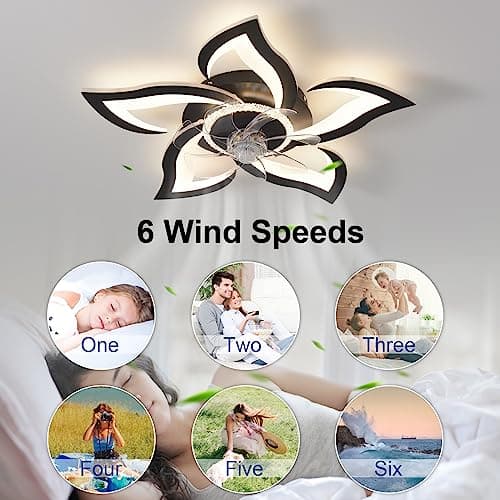 ZHMDJDSH 26" Geometric Ceiling Fan with Lights Remote Control, 6 Speeds 3 Colors, Black Low Profile Flush Mount Ceiling Fan for Kitchen Bedroom Living Room - Thumbnail 2