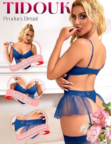 Tidouk Women's Exotic Lingerie Sets Sexy Lace Bodysuit Garter Lingerie Set with Babydoll Mini Skirt(Navy Blue,Large) - Thumbnail 3
