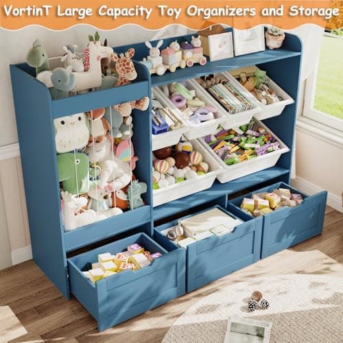 VortinT 50.6" W Large Toy Storage, Kids Toy Organizer Shelf with Stuffed Animal Zoo, 6 Plastic Bins, 3 Rolling Boxes, Wooden Toddler Toy Bookshelf Organization Shelves for Kids Room, Bedroom (Blue) - Thumbnail 5