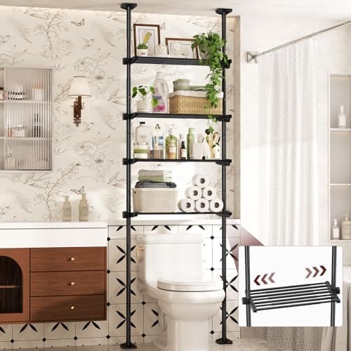 Goovilla Over The Toilet Storage Shelf, 4 Tier Bathroom Organizer Shelves with 64-124inch(H) 15-27inch(W) Adjustable No Drilling Tension Mounting, Black Space Saver Bathroom Shelf Rack Above Toilet - Image 1