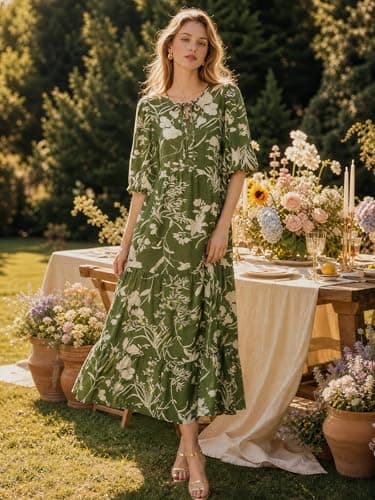 EXLURA Womens Summer Faux Linen Boho Maxi Dresses Oversized V Neck Half Sleeve Floral Flowy Casual Long Maternity Dress 2026 - Thumbnail 2