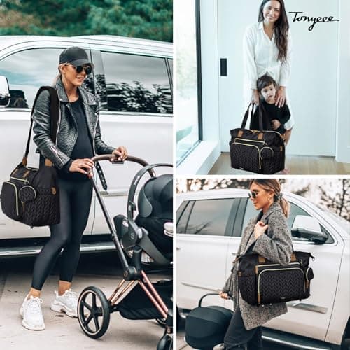 Tonyeee Diaper Bag Tote, Large Diaper Bags Waterproof, Hospital Bag for Labor Delivery, Baby Bag with Pacifier Case, Travel Diaper Tote with Changing Pad, Black - Thumbnail 2
