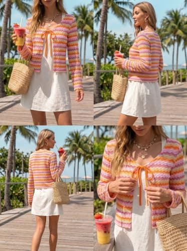 ZAFUL Swimsuit Coverup Shirt for Women Crochet Cardigan Bathing Suit Cover Up Long Sleeve Cover Ups Top Zigzag Orange M - Thumbnail 3