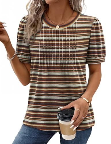 XIEERDUO Short Sleeve Blouses for Women Spring Tunic Tops Fashion Clothing Round Neck Pleated Basic T Shirts Blouses Dressy Casual Beach Vacation 2026 M - Thumbnail 2
