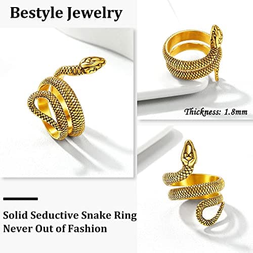 Bestyle Vintage 18K Gold Plated Snake Ring for Women Men Adjustable Cool Rings Snake Jewelry Gothic Punk Finger Rings Fashion Halloween Costumes for Women, Size 12 - Thumbnail 5