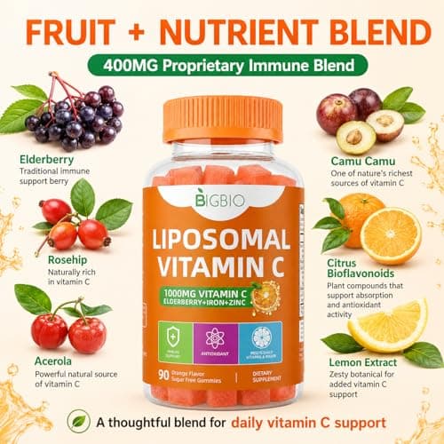 BIGBIO Liposomal Vitamin C Gummies 1000mg, Sugar-Free Chewable Vitamin C with Elderberry, Zinc & Iron, Daily Immune Support, Antioxidant & Energy Boost, Collagen Support, 90 Count - Thumbnail 5