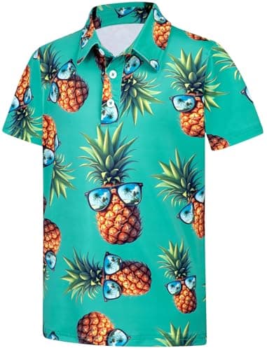 Spring Boys Polo Shirt Size 10-12 Hawaiian Shirt Funny Pineapple Glasses Holiday Short Sleeve Collared School Uniform Athletic Dry Fit Tops Green Casual Clothes - Image 1