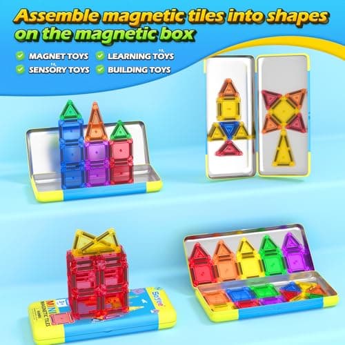 Soyee Mini Magnetic Tiles Travel Toddler Toys with Metal Tin Portable STEM Building Kids Toys for 3 4 5 6 7 8+ Years Old Boys & Girls & Birthday Gifts - Thumbnail 6