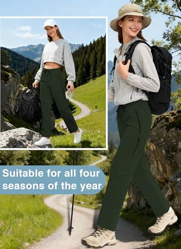 Hiking Pants Women Water Resistant UPF 50 Lightweight Quick Dry Cargo Travel Pants with 5 Zipper Pockets QYY25038 Army Green M - Thumbnail 6