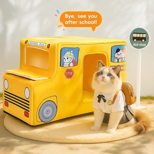 VIEFIN Cute Cat Beds Kitten Beds, Soft Small Dog Beds, Washable Pet Beds for Puppy and Kitty, Funny School Bus Cat Cave, 23 Inches - Thumbnail 4