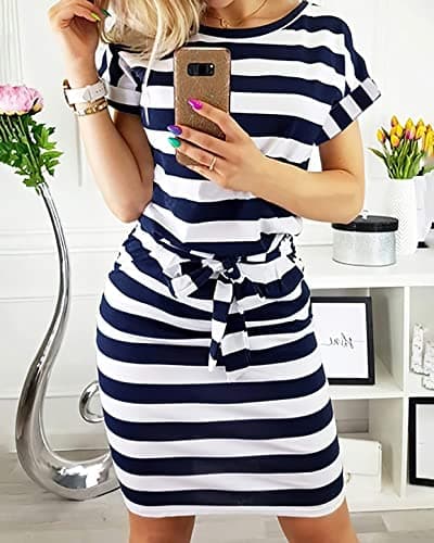 PRETTYGARDEN Women's Summer Short Sleeve Crewneck Striped Dress Basic Solid Tie Waist Office T Shirt Dresses Pockets(Stripe Navy,Small) - Thumbnail 4