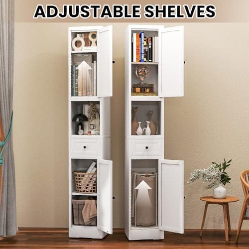 BIZOEIRON 71 Inch Tall Narrow Bathroom Storage Cabinet, Slim Metal Freestanding Floor Cabinet with Doors, Adjustable Shelves, Drawer & Open Shelf, Bathroom Organizer for Small Spaces, White - Thumbnail 6