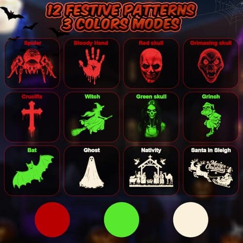 12 in 1 Halloween Projector Outdoor,3D Dynamic Halloween Decorations,Clearer Ghost/Spider/Bat/Skull/Witch/Nativity/Crucifix HD Patterns,Waterproof for Window Wall Cemetery Holiday Decor - Thumbnail 2