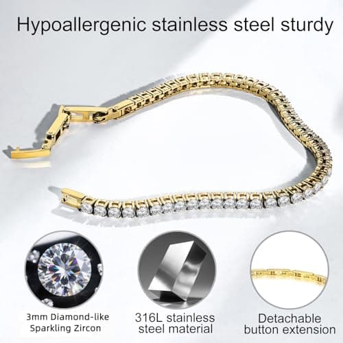 Tennis Bracelet for Women Men, 14K Gold Plated Round 3mm AAAA+ Cubic Zirconia CZ Dainty Classic Adjustable Stainless Steel Bracelets Festival Wedding Jewelry Gift (Gold, CZ 3mm) - Thumbnail 4