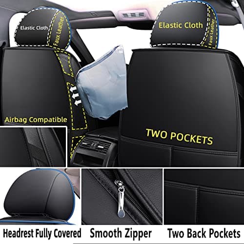 CAPITAUTO Seat Covers, Car Seat Covers Full Set, Black Car Seat Cover, Car Seat Covers Front Seats Back Seat Cover, Waterproof Faux Leather Seat Covers Fit for Most Cars Trucks SUV(Black&Blue) - Thumbnail 2