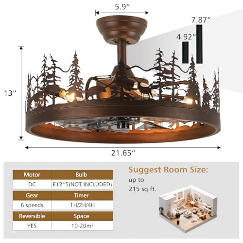 Merexcint Farmhouse Rustic Ceiling Fan with Light, 21" Vintage Cage Ceiling Fans with Lights, Rustic Ceiling Fan for Living Room, Bedroom, Hallway, Entryway Lighting - Thumbnail 3