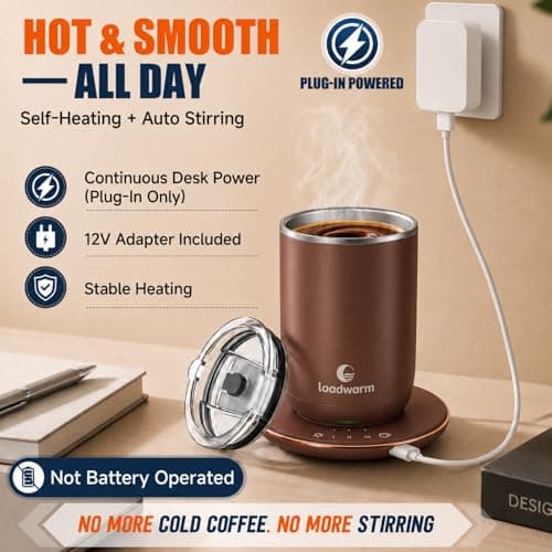 Self Heated Stirring Coffee Mug, 10oz Auto Mixing Cup with Warmer, Brown - Thumbnail 4