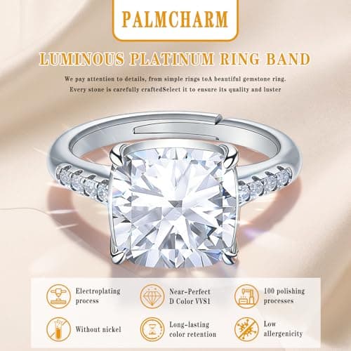 4 Carat Moissanite Engagement Ring for Women, Cushion Cut 4CT Moissanite Wedding Ring, 14K Rose Gold/White Gold Plated Adjustable Bridal Promise Ring, Hypoallergenic Anniversary Ring with Gift Box (42 Silver SIZE 4-7) - Thumbnail 2