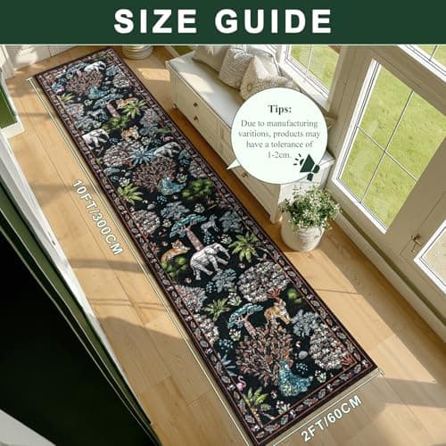 Yamaziot Hallway Runner Rug 2x10 –Jungle Animal Print Linen Rug with Non Slip Backing, Low Pile Washable Distressed Boho Carpet for Indoor Outdoor Rug, Kitchen, Bedroom, Entrance, Forest Black - Thumbnail 2