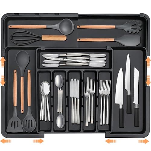 Spaclear Silverware Organizer Expandable Kitchen Utensil Drawer Organizer Large BPA Free Adjustable Cutlery Silverware Tray for Spoons Forks Knives Storage Divider for Kitchen Flatware 6-9 Slots Black - Image 1