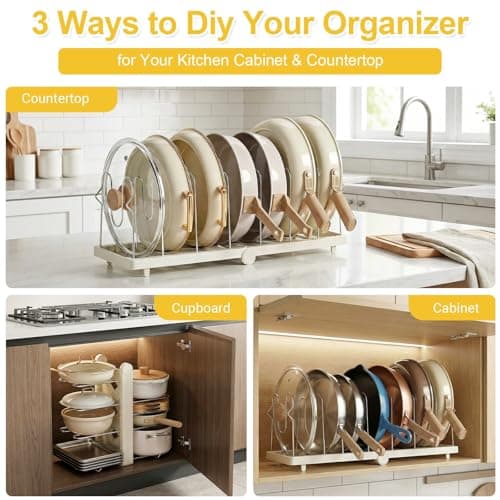 TOMSHUB Foldable Pots and Pans Organizer Under Cabinet, 8 Adjustable Stainless Steel Dividers,28.5" L x 9.1" W x 9.9" H Expanded, Folds Flat, Heavy Duty Kitchen Cabinet Organizer with Lid Holder - Thumbnail 2