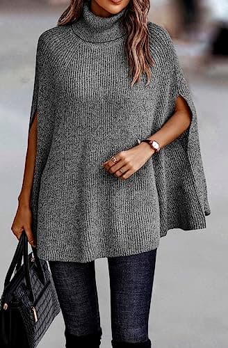 KIRUNDO Women's 2026 Fall Winter Turtleneck Poncho Sweater Fashion Chunky Knit Cape Wrap Sweaters Pullover Jumper Tops(Grey, X-Large) - Thumbnail 2