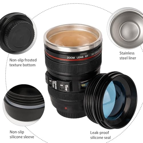 AMZHUB Camera Lens Coffee Mug,Travel Coffee Cup,Stainless Steel Lens Mug Thermos Camera Mugs with Lid and Spoon,Cool Gifts for Photographers Men and Women - Thumbnail 4