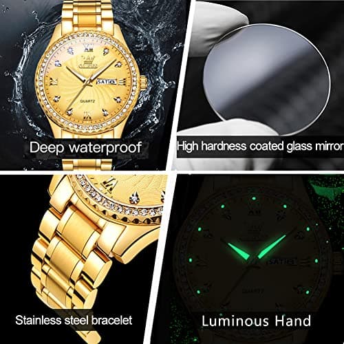 Fashion Gold Watches for Men Diamond Luxury Men's Wrist Watch with Day Date Waterproof Golden Stainless Steel Big Face Luminous Classic Dress Male Watches Casual Analog Quartz Watch for Young Man - Thumbnail 5
