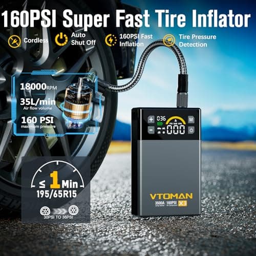 VTOMAN X3 Jump Starter with Air Compressor, 3500A Portable Car Battery Jumper Starter (9L Gas/8.5L Diesel Engines) with 160PSI Auto-Shutoff Tire Inflator, 12V Lithium Battery Booster Pack, Jump Box - Thumbnail 3