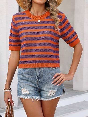 Bellcoco Crochet Tops for Women Spring Summer Short Sleeve Pullover Sweaters Crop Top Vacation Outfits Beach Cover Ups Cute Hollow Out Fashion Clothes Purple Orange Large - Thumbnail 5