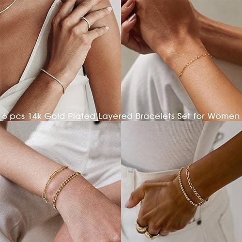 adoyi Gold Bracelets for Women, 14K Gold Plated Stackable Bracelet Stack Set Adjustable Charm Paperclip Chain Cuban Link Layered Waterproof Jewelry Sets Gifts for Womens 6.5 Inch - Thumbnail 4
