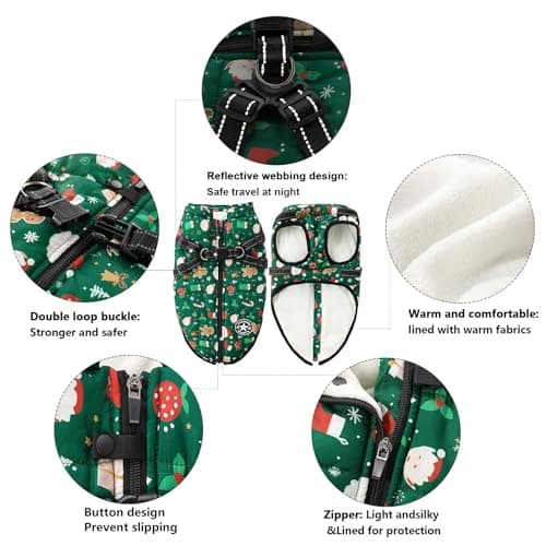 Aiboria Dog Jackets for Winter Windproof Waterproof Vest Fleece Warm Dogs Coat with Belt Christmas Green M - Thumbnail 2