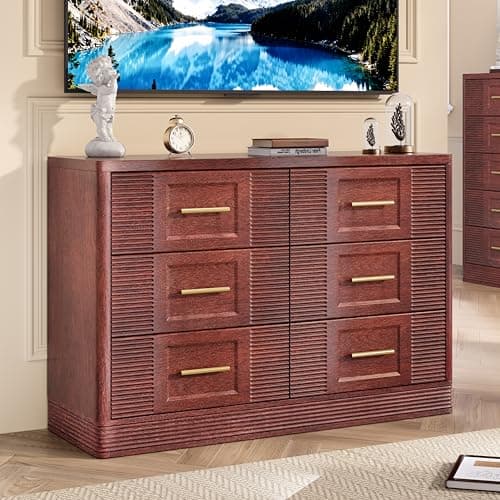 RECHHX Farmhouse 6 Drawers Dresser for Bedroom, 47.2" Wide Large Modern Chest of Drawers, Wooden Thermoformed Curved Dresser Organizer for Bedroom, Living Room, Rustic Cherry