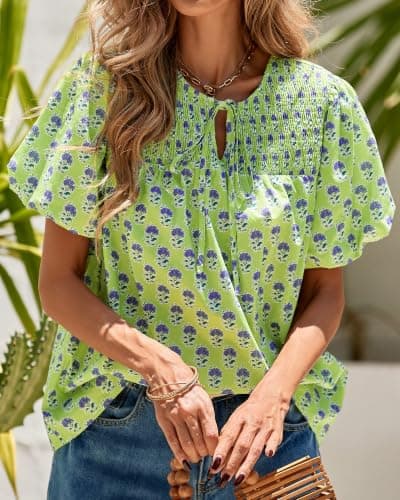 KIRUNDO Boho Tops for Women Summer 2026 Dressy Floral Blouse V Neck Drawstring Short Sleeve Shirts Beach Vacation Clothes(Green, X-Large) - Thumbnail 5