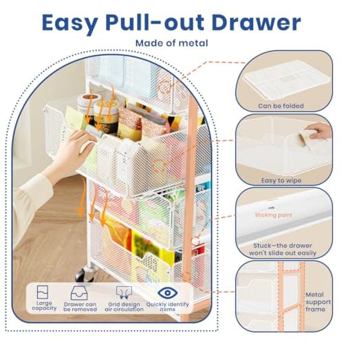 Goovilla Kitchen Cart with Drawers, 4 Tier Metal Rolling Utility Cart Organizer on Lockable Wheels with Wooden Top, White Fruit Vegetable Storage Rack Also for Cans, Snack, Craft, Art, Office, Beauty - Thumbnail 5