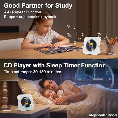 Gueray CD Player Portable Bluetooth Desktop CD Player for Home with Timer Built-in HiFi Speakers with LCD Screen Display Boombox FM Radio USB Type-c (White) - Thumbnail 6
