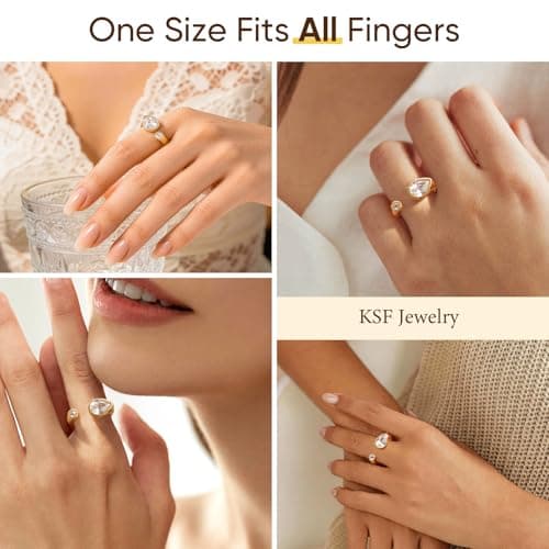 KSF Ring for Women,14K Gold Plated Pear Cubic Zirconia Open Ring Size 7 - Thumbnail 5