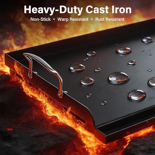 BLUES GRILL PARTS 25" x 16" Pre-Seasoned Nonstick Thickened Cast Iron Griddle - Universal Flat Top with Grease Groove, Reinforced Ridges & High Sidewalls for Gas/Charcoal Grills, Fits Weber, Charbroil - Thumbnail 3
