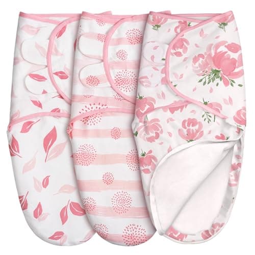 GLLQUEN BABY Baby Swaddle Sleep Sacks with Zipper - 3-Pack Newborn Swaddling Sack, Baby Swaddles Sleep Sack 0-3 Months,Pink Floral or Leaves, Swaddling Blankets 3 Pack Wrap Set, Easy Change Swaddle