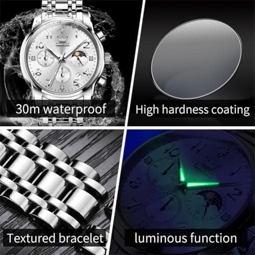 OLEVS Silver Watch for Men Luxury Chronograph Stainless Steel Waterproof Mens Watches Classic Analog Men's Wrist Watches Date Moon Phase Big Face Easy Read Man Watch Relojes para Hombres - Thumbnail 5