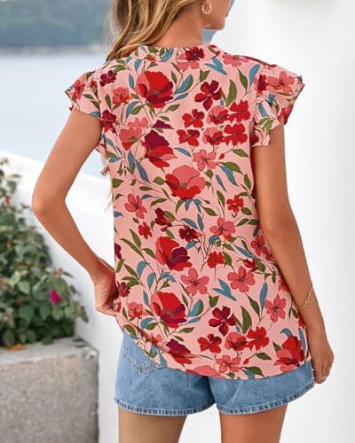 Zenlonr Womens Dressy Casual Tops 2026 Summer Ruffle Cap Sleeve V Neck Shirts Boho Floral Blouses Vacation Outfits(Floral Orange Pink Red,XX-Large) - Thumbnail 3