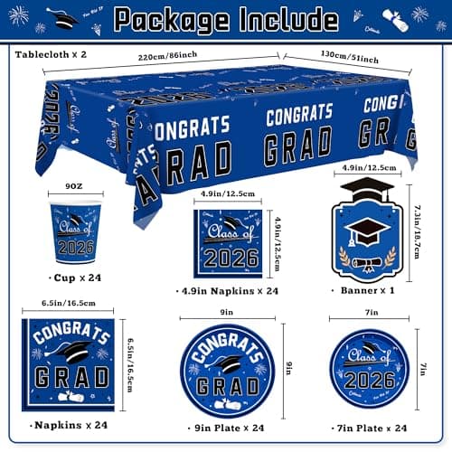 OHOME Graduation Decorations 2026 - Graduation Decorations Class of 2026 - Serve 24 - Blue Plates Tablecloth Napkins Cups Banner - Graduation Party Favors Supplies - Thumbnail 2
