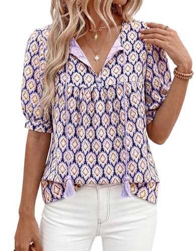 PRETTYGARDEN Womens Summer Boho Tops 2026 Tie Front V Neck Print Loose Fit Short Sleeve Peasant Blouses Vacation Outfits(Purple,Medium) - Image 1