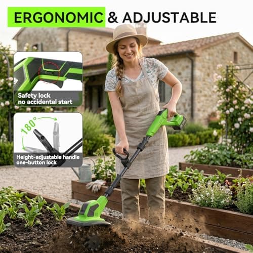 21V Cordless Tiller Cultivator, 8.0Ah Total Power(2×4.0Ah Bat+Bat Charger), 360RPM Electric Garden Tiller,9" Width & 8.6" Depth, SK5 Steel Blades, 3-Stage Adjustable for Garden, Raised Beds & Lawns - Thumbnail 4